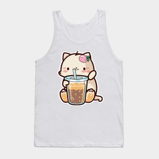 Cute Cat Drinking Bubble Tea Cartoon Boba Drawing Tank Top